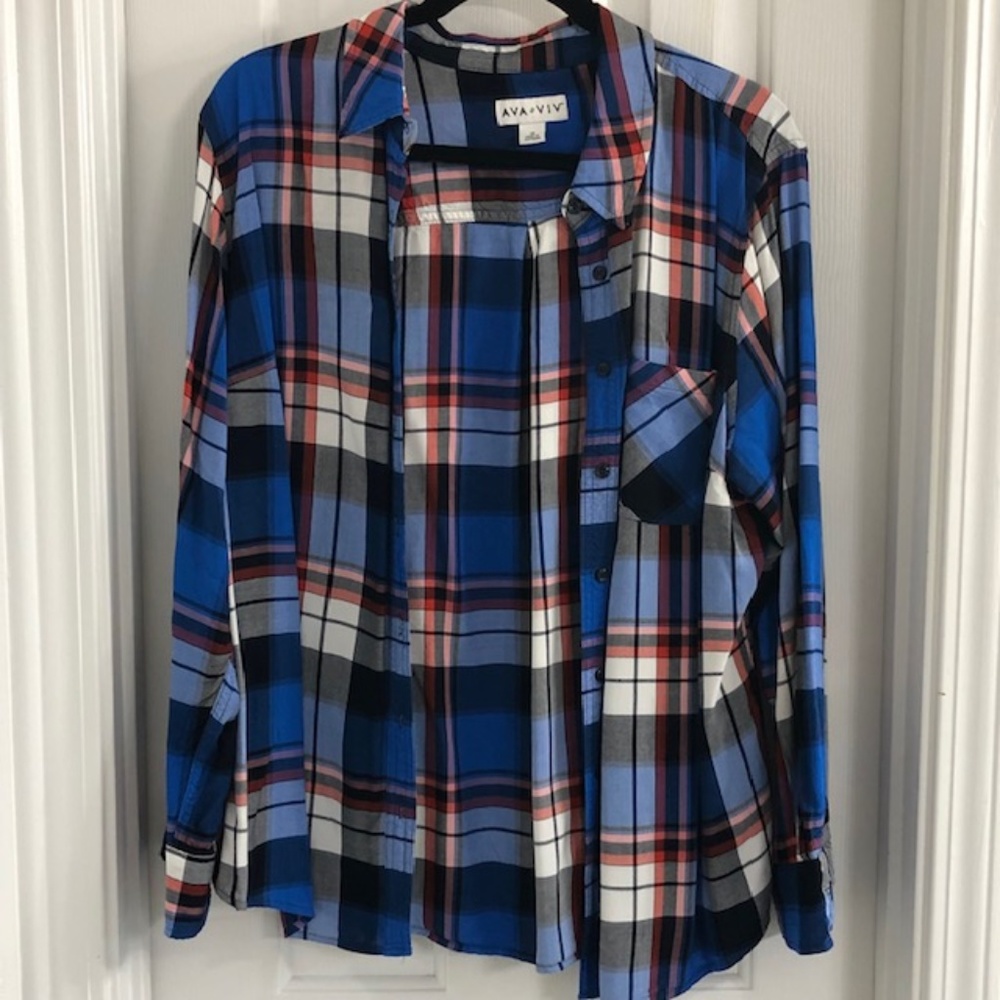 Blue and red plaid button-up shirt